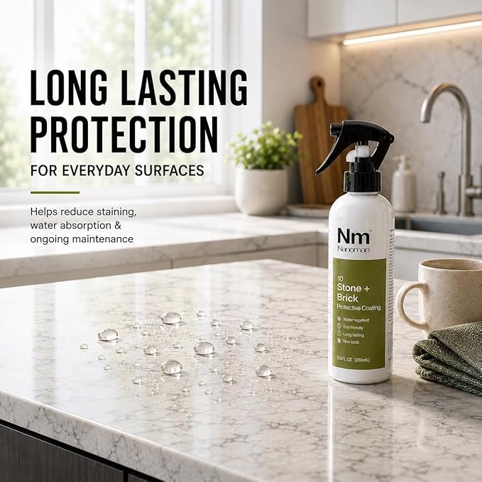 Nanoman Stone and Brick Sealer 8.4 fl oz; Marble Granite Quartz Stone Brick Concrete Grout Sealer and Protectant; Cleaner Sealant Protector & Care Spray for Kitchen and Bathroom Benches and Surfaces