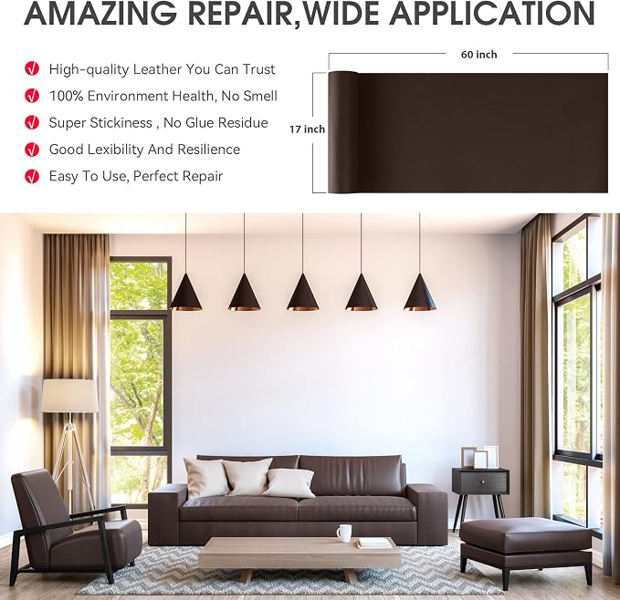 Leather Repair Patch Tape, 17x60 inch Large Self Adhesive Leather Repair,Vinyl Repair Patch Kit for Couches, Car Seats, Chairs, Furniture 17X60 inch,Coffee