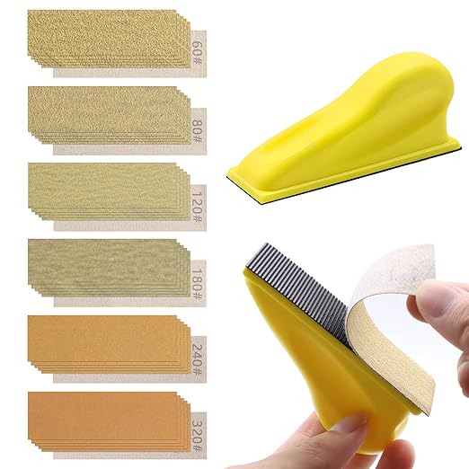 ZEHIQ 3.5”x1” Mini Detail Hand Sander Kit, 60Pcs 60-320 Grit Hook-and-Loop Aluminum Oxide Sandpaper, Ergonomic Micro Sanding Block for Woodworking, 3D Printing, Metal Polishing & DIY Crafts