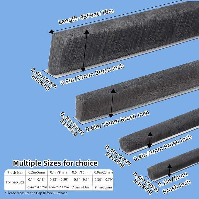 Pile Weather Stripping Brush Seal Strip for Door Window Gap 0.9 x 0.4in x 66FT Self Adhesive Draft Stopper Soundproof Insulation Weather Seal Strip for Interior Sliding Glass Door Garage Door