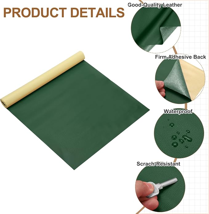 MECCANIXITY Leather Repair Patch 14"x54" Self-Adhesive Leather Vinyl Repair Tape Kit for Furniture Couches Sofa Chair Car Boat Seats Jackets, Dark Green