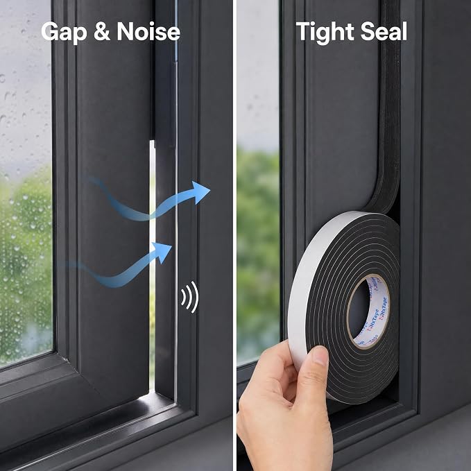 Seal Foam Tape,1/4" Thick-1"-16.5ft 2Rolls, Weather Stripping for Door and Window,High Density Single Sided Closed Cell Door Insulation Weather Strip, Black