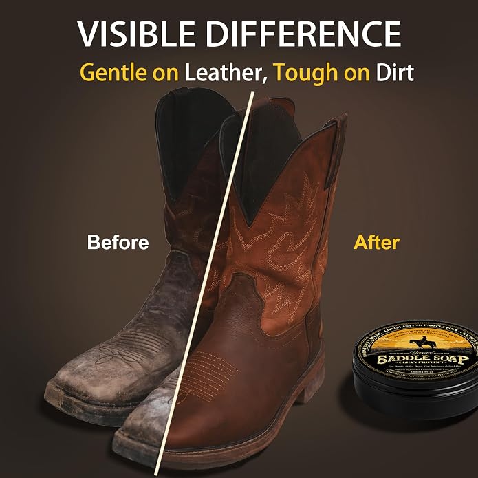 Saddle Soap 4PC Leather Care Kit – All-Natural 3.52oz Leather Cleaner & Conditioner with Horsehair Brush – Saddle Soap for Boots, Shoes, Bags, Saddles, Car & Jackets