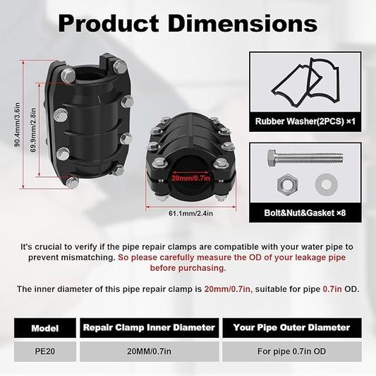 Pipe Repair Clamp 3/4 inch, Water Pipe Leak Repair Clamp, Pipe Repair Kit for Plastic and Metal Pipes, Leak Stopper with Anti-Impact, Suitable for Pipes 20MM OD