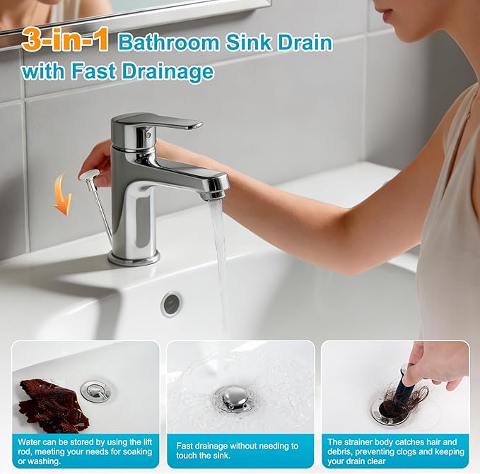 Hibbent 2 Pack Bathroom Sink Drain Assembly with Lift Rod, Lavatory Universal Pop Up Drain Stopper with Overflow for Bathroom Vanity Vessel Sink, Compatible with Moen, American Standard Hole, Chrome