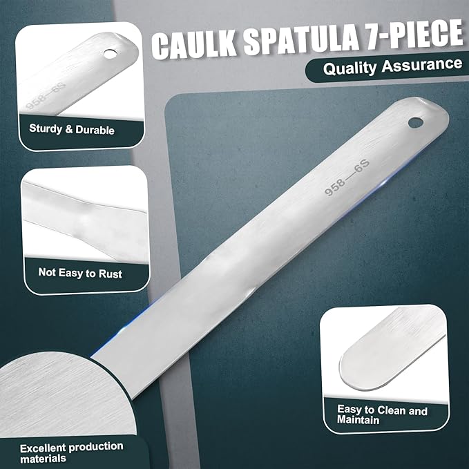 958-G01 7-Piece Caulking Spatula Tool Set, Stainless Steel Streamlined Squeegee & Fixed Round Head for Caulk and Grout, Widths 3/8" to 1-1/2" for Tub, Tile, Countertop with Storage Ring