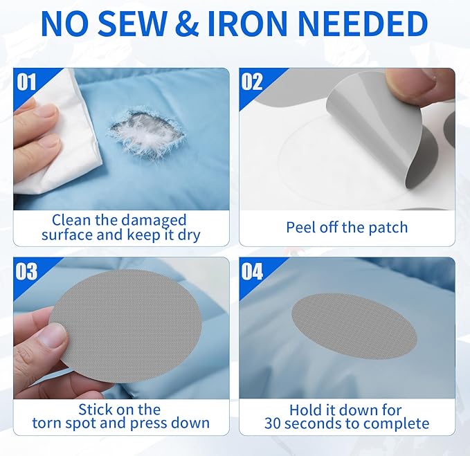 Waterproof Self-Adhesive Nylon Fabric Repair Tape - Tent Repair Kit,4pcs Fabric Patches for Jacket, Clothes, Puffer Down Jacket,Sleeping Bag, Outdoor Gear Tenacious Repairs Tape, LightGray