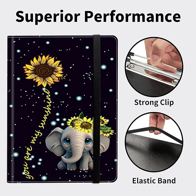 Padfolio Folder with Clipboard,Portfolios Organizer Clipboards with Storage Clipboard Writing Pad PU Leather Conference Document Organizer with Business Card Holder,Elephant Sunflower