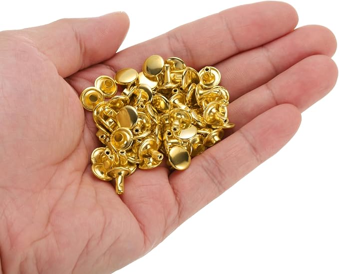 HARFINGTON 100 Sets Double Cap Leather Rivets, 9x8mm Round Cap Tubular Metal Studs Leather Crafting Rivets for Fabric Belt Pet Collar Boot Bag Repair and Decoration, Gold