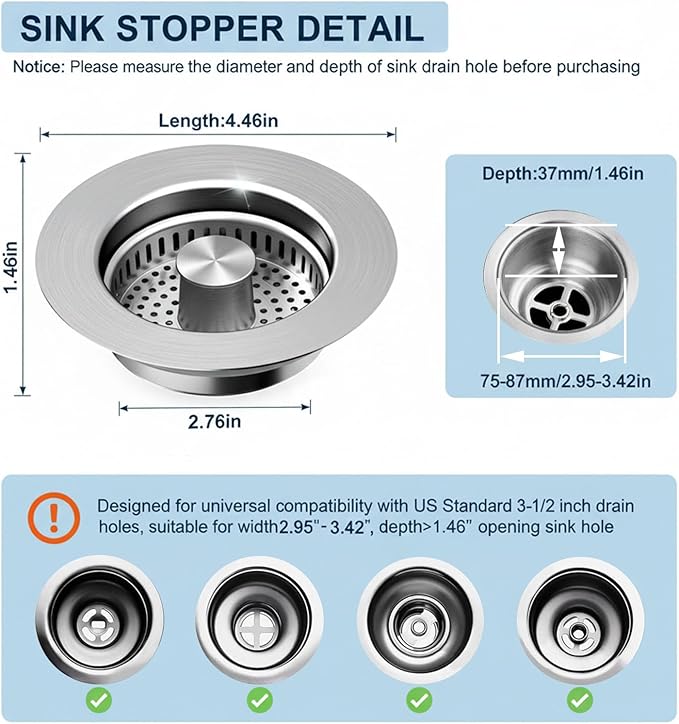 3-in-1 Kitchen Sink Drain Strainer, Pop Up Sink Stopper with Anti-Clogging Basket, 304 Stainless Steel Kitchen Sink Drain Strainer, Food Catcher for US Standard 3-1/2 inch Drain Hole
