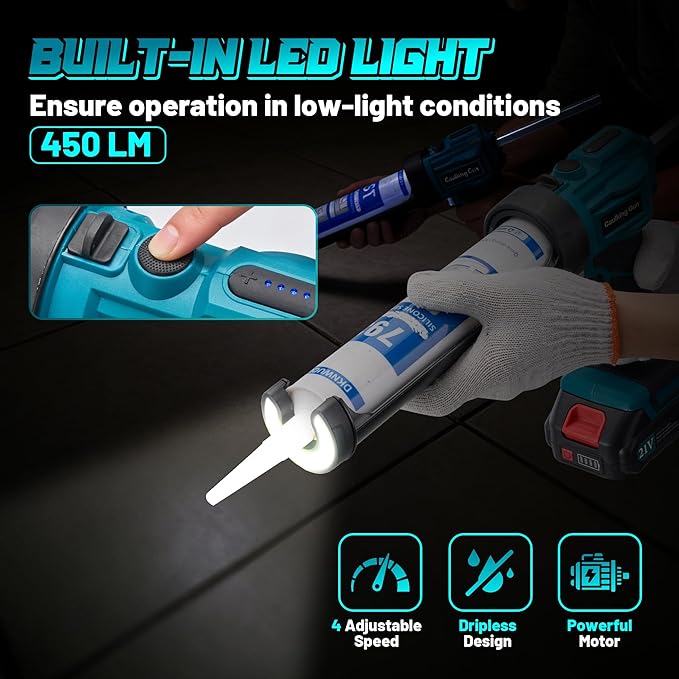 Electric Caulking Gun Compatible with Makita18V-21V Batteries, 4 Adjustable Speeds up to 190 mm/min, 450LM built-in LED Light, Dripless Caulking Gun Cordless for Filling, Sealing(Tool only)