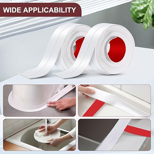 White Caulk Tape 2 Rolls Waterproof Self-Adhesive Tub & Wall Sealing Strip PVC Caulk for Bath & Kitchen Shower Corners, Sink Edges, Toilet Base