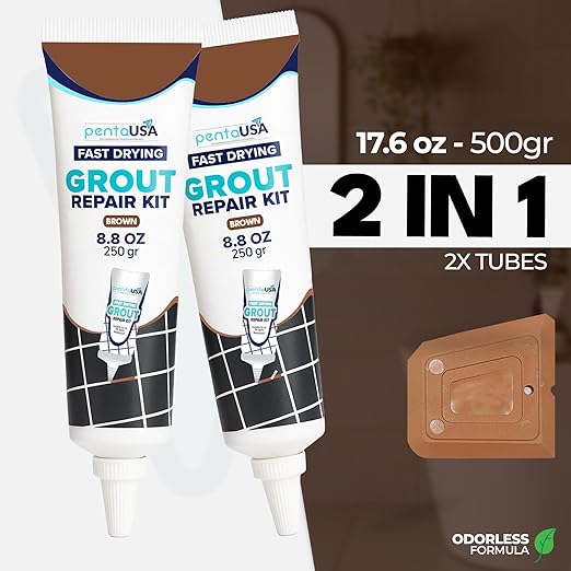 PentaUSA Premixed Tile Grout Repair Kit 2 Pack - Beige Brown Acrylic Sanded Grout Filler for Bathroom, Shower, Kitchen Tile Water-Resistant Tubes with Applicator, Fast Drying (2 x 250g / 17.6oz)