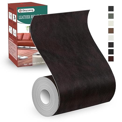 GEYYANG Leather Repair Tape, 4 x 63 Inch Self-Adhesive Leather Repair Kit for Furniture, Car Seats, Chairs, Sofas, Boats Vinyl, Dark Brown - Pattern Grain