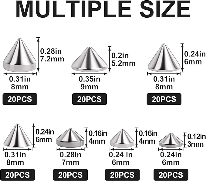 OIIKI 140PCS ABS Bullet Spike Cone Studs, 7 Styles Rivets Cone Spike Studs Beads, Flat Back Punk Spikes DIY Crafts Studs Glue on Decoration for Leather Clothes Belt Bags Jewelry Trims - Silver