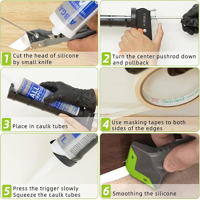 Caulking Tool Kit, Caulking Gun, 2 White Silicone Sealant with Gun - All-Purpose 100% Silicone Caulk (20 oz Tube), and 5 in 1 Scraper/Smoothing Tool, Sandpaper, Gloves and Masking Tape