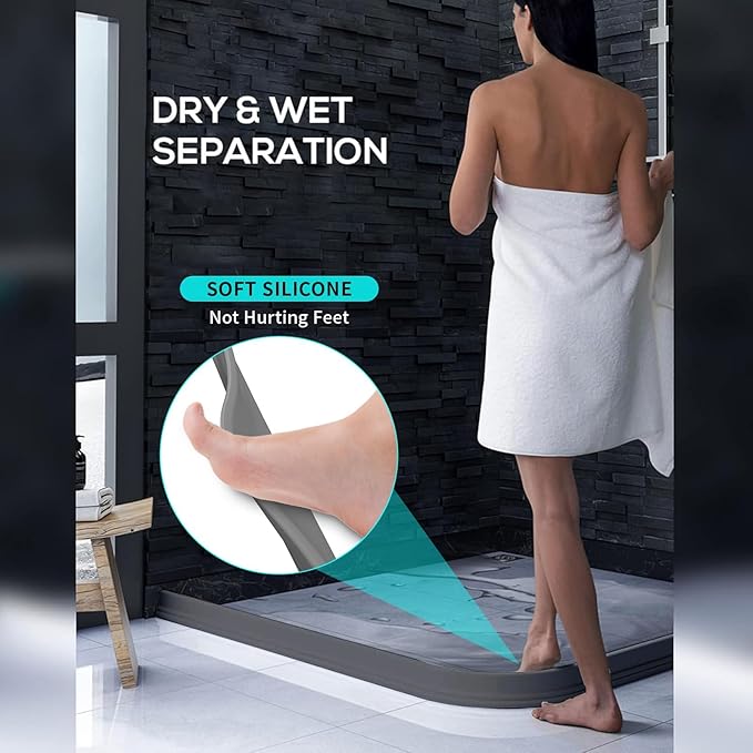 Hi-Na 3ft/5ft/6ft/8ft10ft Collapsible Shower Threshold Water Dam Water Barrier for Shower and Water Stopper Keeps Water Inside Water Threshold for Wet and Dry Separation (5ft, Grey)