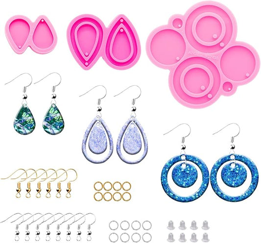103Pcs Resin Molds Silicone Kit, 3pcs Earring Silicone Molds for Resin Jewelry Epoxy Casting Molds, Earring Hooks and Jump Ring for DIY Unique Earring Epoxy Resin Molds, Jewellery Earring Molds
