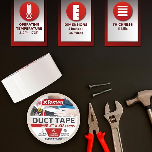 XFasten Super Strong Duct Tape, White, 3" x 30 Yards, Waterproof Duct Tape for Outdoor, Indoor, School and Industrial Use