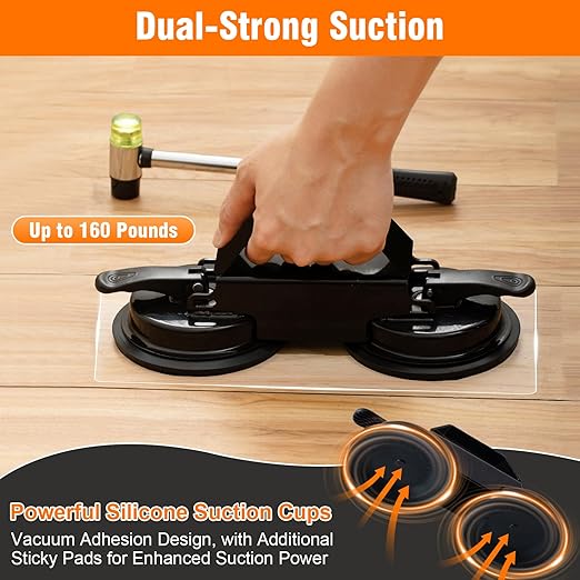Floor Gap Fixer Tool, Heavy Duty Suction Cup with 45° Double Sided Striking Surface, Floor Repair Tool with Sticky Pads & Hammer for Wood, Vinyl, Laminate Planks Fixing