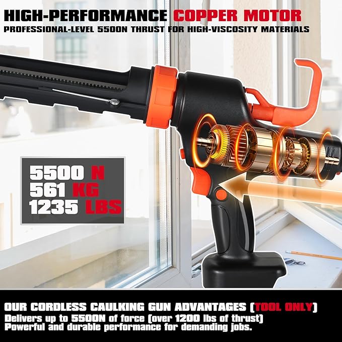 5500N Cordless Caulking Gun, High Power 6-Speed Control, 1200 ml/min Fast Dispensing, Anti-Drip System, 10oz/300ml, Compatible with Makita 18V & DEWALT 20V MAX, Tool Only (Battery Not Included)