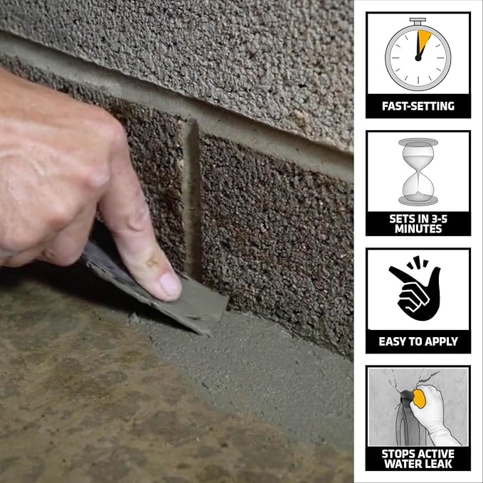 UGL DRYLOK Fast Plug Hydraulic Cement, 4 lb – Stops Water Leaks Instantly, Sets in 3-5 Minutes, Ideal for Masonry Cracks, Gray