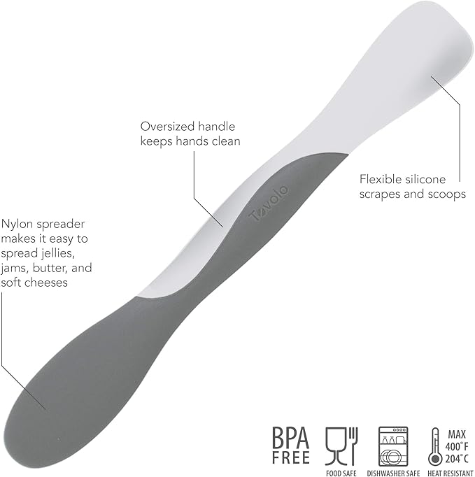 Tovolo Elements Scoop and Spread Large Dual End Silicone Sandwich Spreader Tool with Nylon Handle, BPA Free Dishwasher Safe Silicone and Nylon Tool for Spreading and Scooping, White and Charcoal Gray