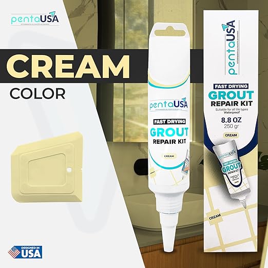 PentaUSA Cream Ivory Tile Grout Repair Kit - Premixed Sanded Grout for Bathroom Shower Kitchen Floor, Beige Collection, Water-Resistant Filler Tube with Applicator, Easy DIY Restore (8.8oz / 250g)