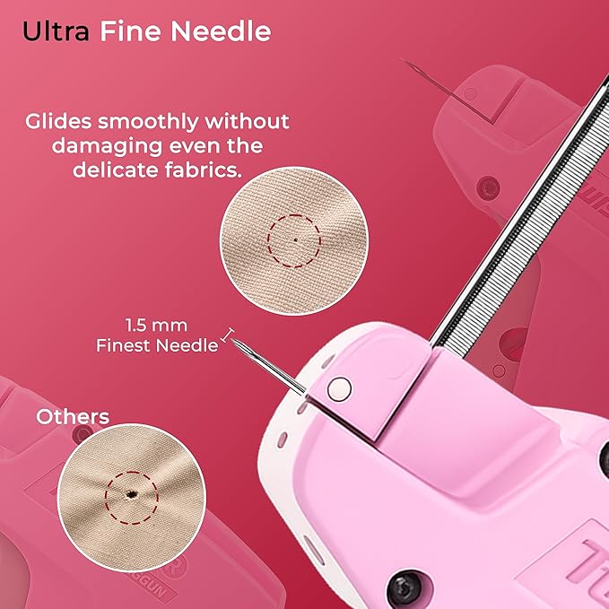 Stitch Gun for Clothes - Micro Stitch Tool for Quick Clothing Fixes & Hemming, Mini Handheld Quick Repair Sewing Gun, includes 6 Needles & 2000 Micro Fasteners (4.4mm), Works on All Fabrics (Pink)