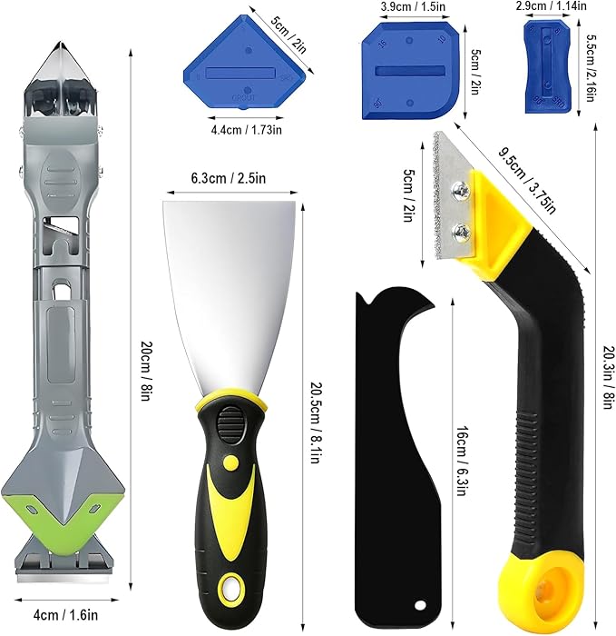 Silicone Caulking Tool Kit, 5 in 1 Sealant Finishing Tool with Stainless Steel Head, Putty Knife, 3 Glass Glue Corner Scrapers, Grout Removal Tool for Kitchen Bathroom Floor Window