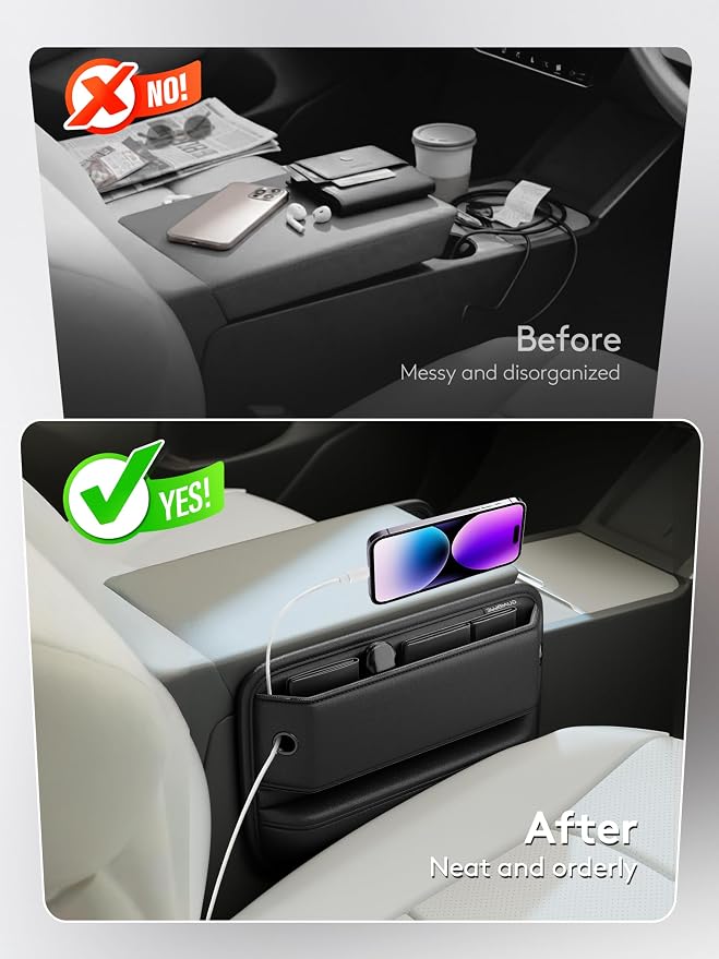 2 Pack Car Seat Gap Filler Organizer with Sun Visor Organizer, PU Leather Seat Gap Filler for Phone, Keys, Cards & Sunglasses, Front Seat Storage Side Pocket for Cars SUVs Trucks