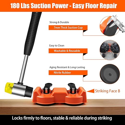 Dual Suction Cup Floor Gap Fix Tool - 15° Angled Double-Sided Strike Laminate Flooring Repair Kit with 10 Pads, Heavy Duty Plank Puller for Hardwood Vinyl Floor Installation Tool