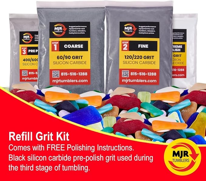Rock Tumbler Grit Kit Refill for 12lb Tumblers, 4 Step Silicon Carbide & 12,000 Grit Aluminum Oxide Polish, Stone Polishing Kit for Rotary & Vibratory Rock Tumblers