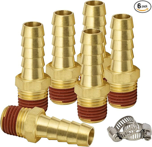 SUNGATOR 6-Pack Air Hose Fittings, 3/8" Barb to 1/4" NPT Air Hose Repair Kit with Sealant, 3/8" to 1/4" NPT Male Brass Fittings, Barbed Gas Line Repair Connectors with 6 Pcs Clamps