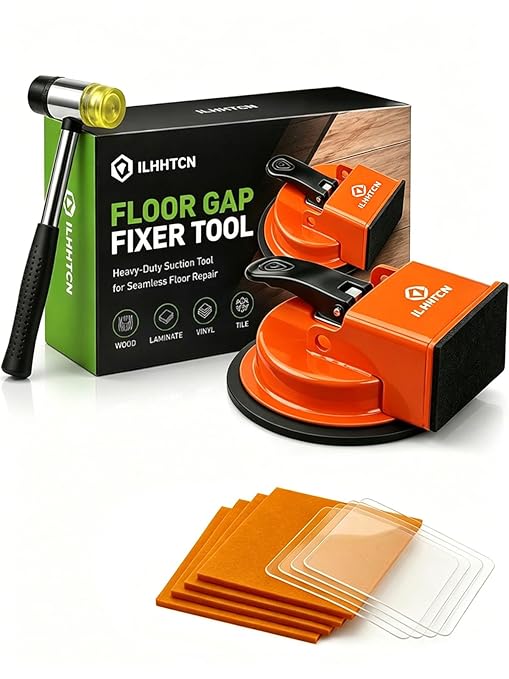 Laminate Floor Gap Fixer Tool Repair Kit, LVP Flooring Suction Cup Tool for Gaps, Heavy Duty Joint Puller Tools with 5 Reusable Sticky Pads & Rubber Mallet, Professional Hardwood Plank Closer (Orange)
