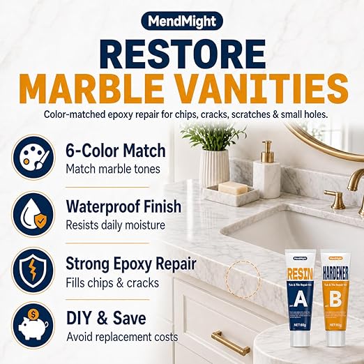 Tub & Tile Repair Kit for Renters & Homeowners, 5.6 oz Porcelain Repair Epoxy with 6 Pigments, Easy-Sand to Fix Chips, Cracks, Holes, Dents & Scratches on Tub, Sink, Countertop & Tile