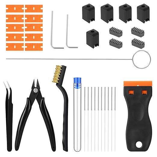 35Pcs 3D Printer Tool Kit Compatible with Bambu Lab X1/X1C/X1E/P1P/P1S, 5X Silicone Sock, 4X Nozzle Wiper, Clog Poke, Scraper, Flush Cutter & Tweezers for 3D Printer Maintenance, Cleaning & Removal