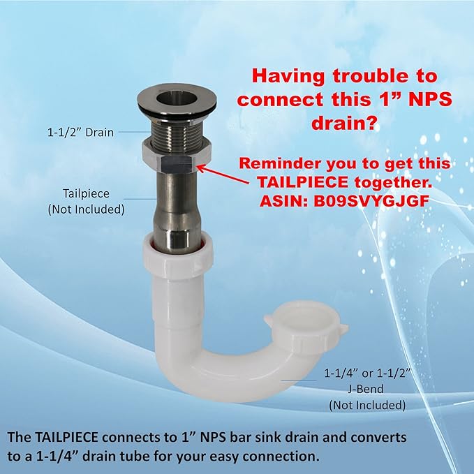 Stainless Steel Bar Sink Drain 1" Nominal Pipe Size (1" NPS Thread) for 1-3/8" Sink Opening