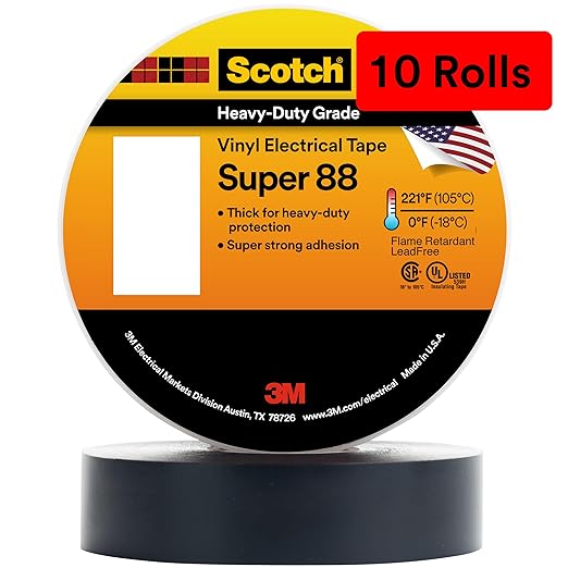 3M Scotch Vinyl Electrical Tape Super 88, 1-1/2 in x 44 ft, Black, 10 Rolls, Premium Grade, Rubber Resin Adhesive, PVC Backing, All-Season Heavy Duty Electric Tape
