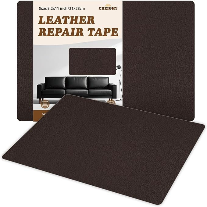 CHEIGHY 2pcs Leather Repair Kit, 8.2X11 inch Self-Adhesive PU Leather Patches for Furniture, Car Seats, Sofa, Office Chair, Belt, Jackets (Dark Coffee)