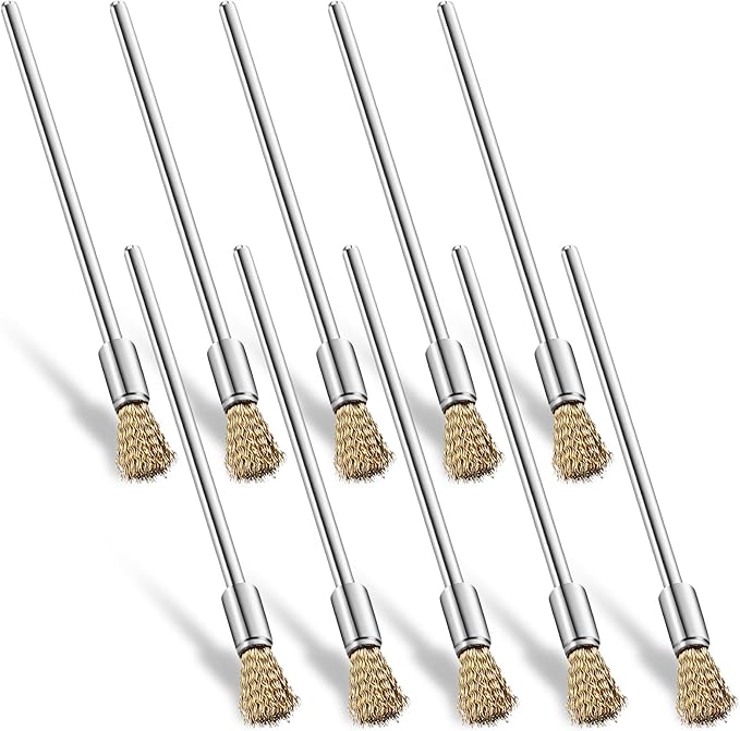 Lounsweer 10 Pcs Wire Brush Extended Cleaning End Brushes Pen Wire Scrub 3 mm Mandrel Rust Paint Removal Bits Polishing Rotary Tool Accessories, 6 mm End Scrub(Copper)
