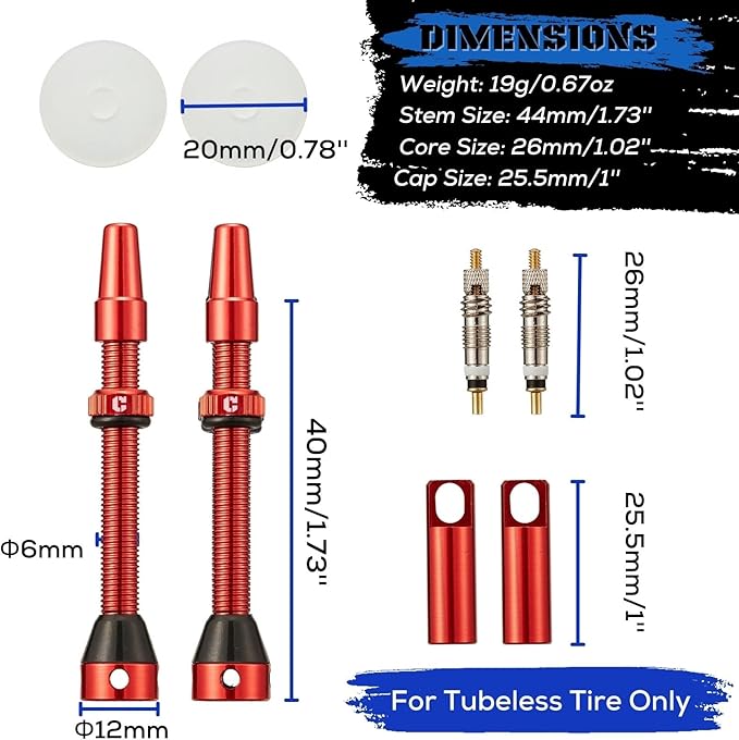 Corki Cycles Tubeless Presta Valve Stem 40 44 55 60 80 100mm with 2PCS Valve Core and 2PCS Remover Tool (Black Red Gold Rainbow)