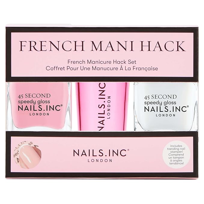Nails Inc 45 Second Speedy Gloss French Manicure Hack Set, Pink, No Chip, Long Lasting, Quick Dry, Air Dry, Professional Manicures & Pedicures, Silicone Stamper, DIY Nail Art Design, 3 Piece Set
