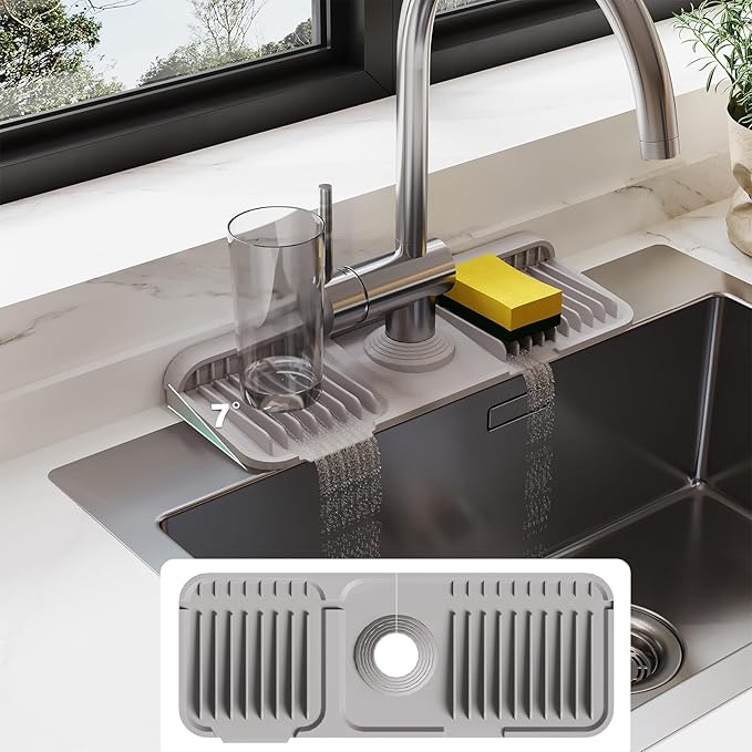 24 Inch Silicone Faucet Mat for Kitchen Sink Splash Guard - 7° Slope Water Draining Mat With Fasten Button for Bathroom Area (Gray, 14.6''x5.5'')