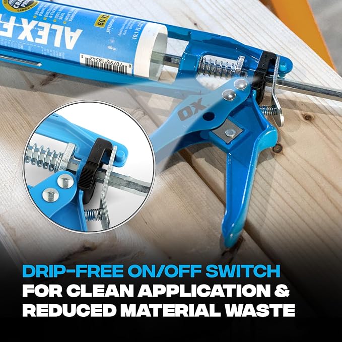 OX Caulk Gun Manual 10 oz No Drip Caulking Gun Heavy Duty for Silicone with Drip Free On Off Switch Built-in Spout Cutter Seal Punch 10:1 Thrust Ratio Skeleton Frame - Pistola De Cokin