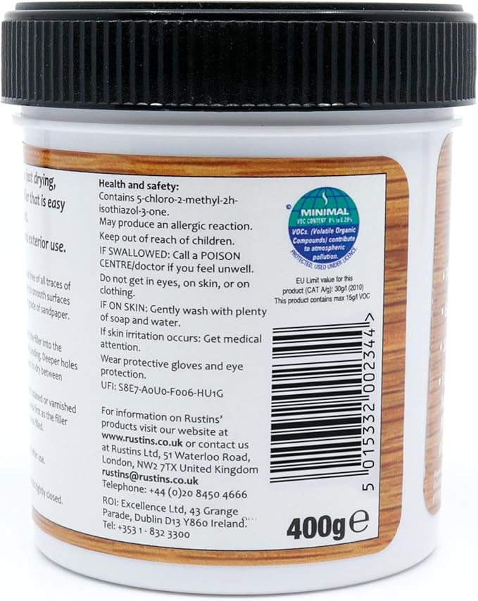 Rustins AWOOO250 Acrylic Wood Filler, Oak, 400g - Multi-Purpose Wood Repair Compound for Cracks, Gaps, & Surface Imperfections – Quick-Drying, Sandable, & Paintable for Interior & Exterior Use