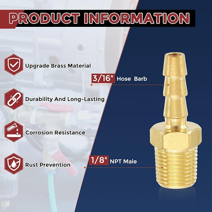 Pack of 3 Brass Hose Barb Fittings Adapter Connector 3/16" Hose Barb to 1/8" NPT Male Fittings for Home Machines, Massage Bathtubs, and Irrigation Systems