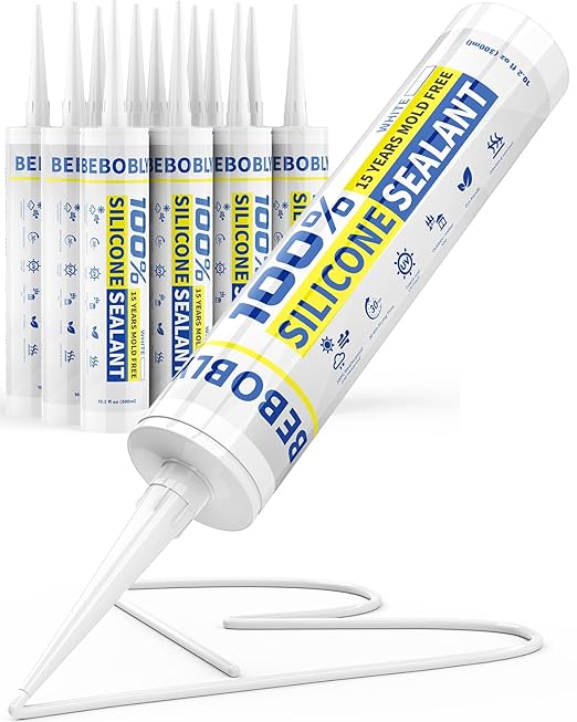 Silicone Caulk & Sealant White, 100% Waterproof Silicone Sealant, Shrink & Crack Proof, Silicone Caulking for Kitchen, Bathroom, RV, Interior & Exterior Use, 10.2 FL. OZ/300ML, 12 Pack