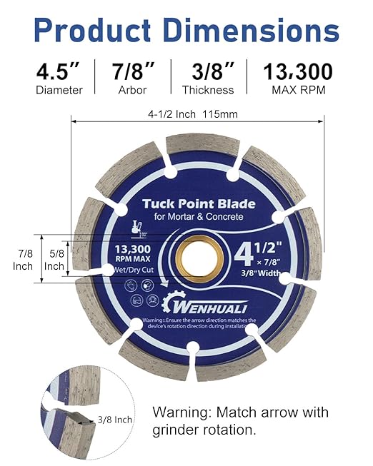 4.5" Diamond Tuck Point Blade for Grinding, 3/8" Thickness – Premium Diamond Blade for Mortar Joint Removal, Concrete & Brick Grout Repair, 7/8" Arbor, Fast Clean Cutting