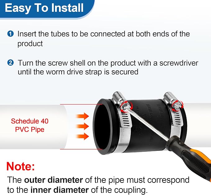 Flexible PVC Pipe Coupling Connector Replacement, for 1-1/2" Nominal Pipes, 1.9" ID Flexible PVC Condensate Pipe Coupling with Stainless Steel Hose Clamps, Schedule 40 Pipes Connector